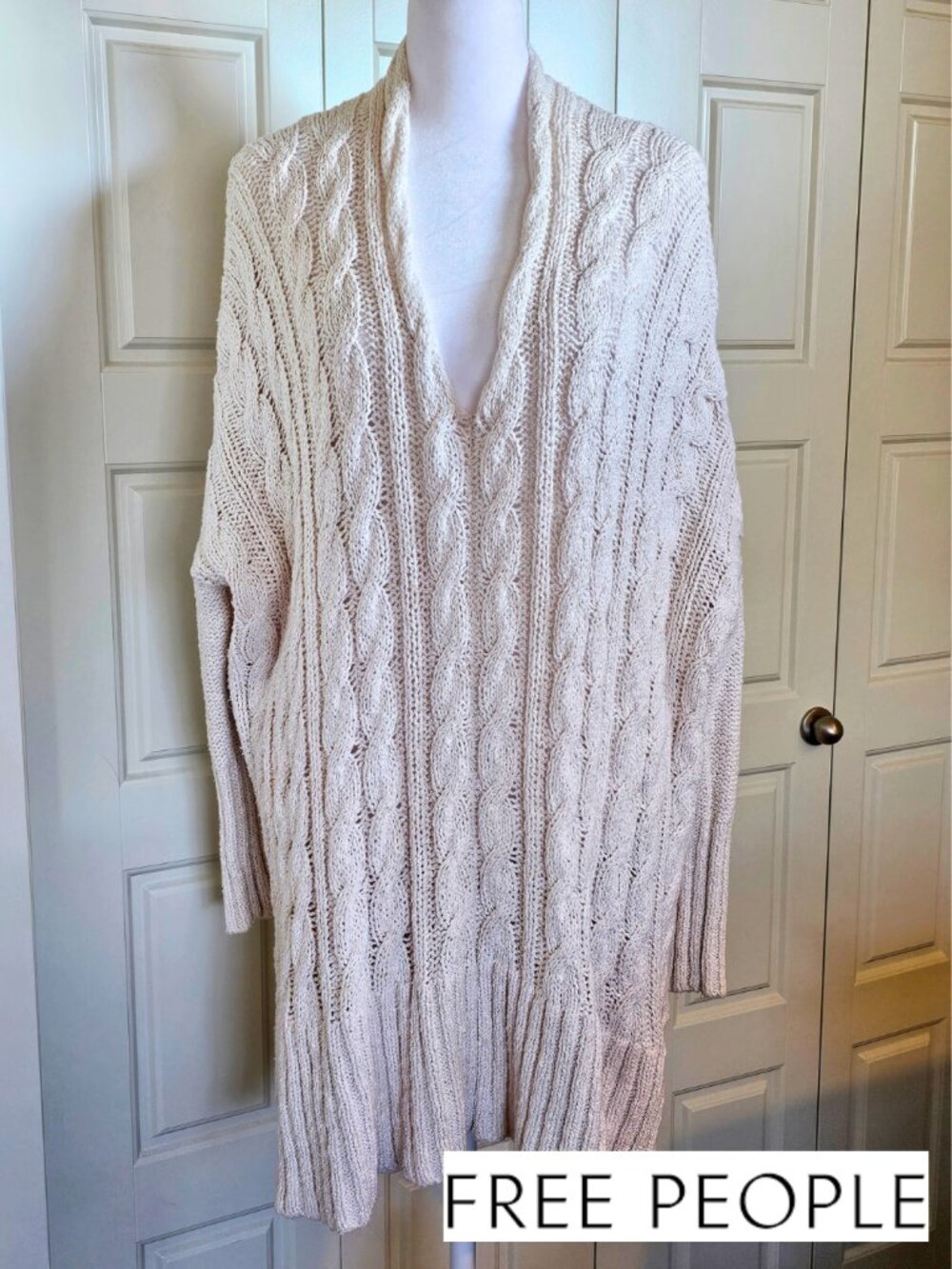 Free People Ivory Cable Knit Tunic Sweater Oversized Small